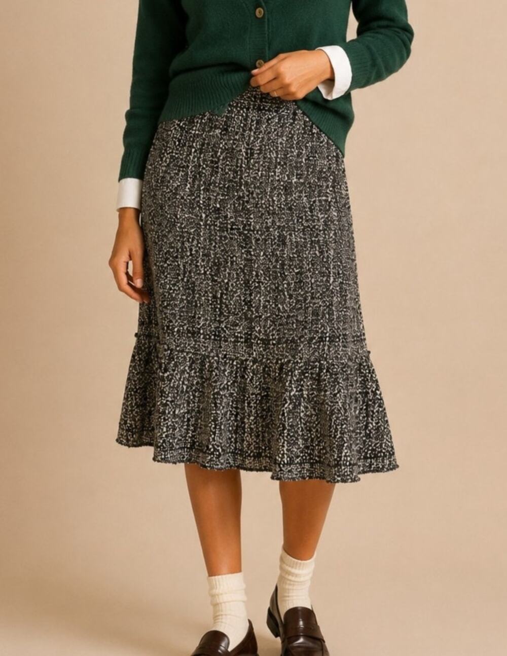 Cynthia Steffe Tweed Midi Skirt Size 6 Black White Preppy Academia Career Office